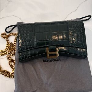 Balenciaga Green Croc-Embossed Clutch with Gold Chain